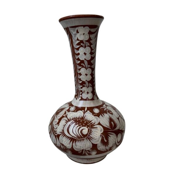 Mexican Pottery Bottleneck 9.5” Vase Floral Hand Painted Bohemian Signed R.C. - Picture 1 of 9